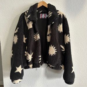 Urban Outfitters Olivia Printed Sherpa Jacket Hand Eye Stars Sun Black - Medium